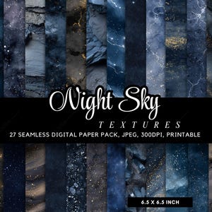 Op de afbeelding: Een verzameling van 27 naadloze digitale papiertjes met een nachthemelthema. De ontwerpen bevatten verschillende tinten blauw, met texturen die lijken op sterren, bliksem en marmer. Het pakket is 16,5 x 16,5 cm en printbaar.