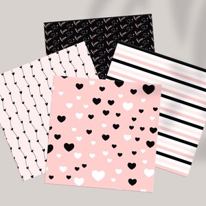May include: Four different patterned papers with a pink and black color scheme. The patterns include hearts, stripes, and the word "love" repeated.