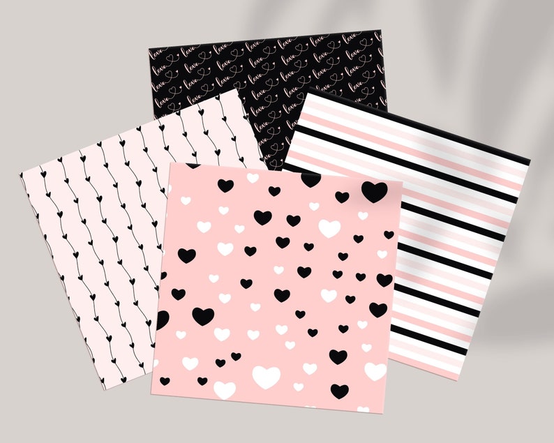 May include: Four different patterned papers with a pink and black color scheme. The patterns include hearts, stripes, and the word "love" repeated.