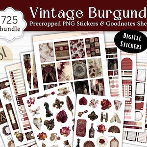 May include: A selection of digital stickers and Goodnotes sheets in a vintage burgundy style. The sheets showcase diverse designs, such as floral patterns, clocks, and decorative borders. The image text includes "Vintage Burgundy" and "Digital Stickers".