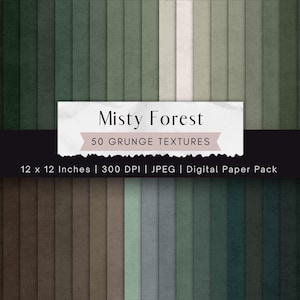 Può includere: Un pacchetto di carta digitale con 50 texture grunge in varie tonalità di verde, marrone e grigio. L'etichetta centrale mostra il testo Misty Forest 50 GRUNGE TEXTURES, con dettagli che indicano 12 x 12 Inches | 300 DPI | JPEG | Digital Paper Pack.