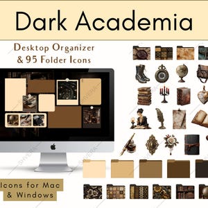Puede incluir: Un monitor de ordenador que muestra un organizador de escritorio "Dark Academia" con 95 iconos de carpeta. El tema incluye ilustraciones vintage de libros, globos terráqueos y elementos académicos. El texto "Icons for Mac & Windows" también es visible.