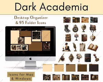 May include: A computer monitor displaying a "Dark Academia" desktop organizer with 95 folder icons. The theme includes vintage illustrations of books, globes, and other academic elements. The text "Icons for Mac & Windows" is also visible.
