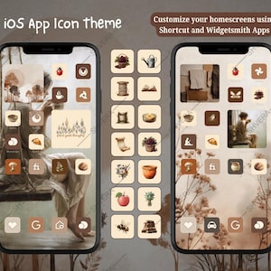 May include: Two smartphones displaying an iOS app icon theme with a neutral color palette. The screens show custom app icons and widgets. Text on the image reads "iOS App Icon Theme" and "Customize your homescreens using Shortcut and Widgetsmith Apps."