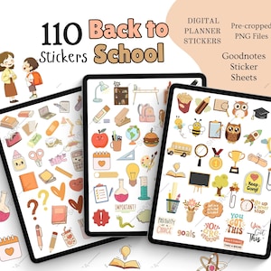 Könnte beinhalten: Drei digitale Tablets mit farbenfrohen Back-to-School-Stickern. Die Aufkleber umfassen Schulmaterial, Essen und motivierende Sätze. Der Text auf dem Bild lautet "110 Back to School Stickers" und "Digital Planner Stickers".