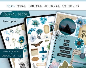 May include: A digital sticker pack with over 250 teal and blue floral, nature, and inspirational quote stickers. The stickers are pre-cropped and can be used in digital planners and journals. The pack includes a Goodnotes file.