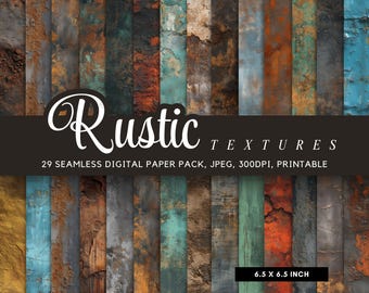 Può includere: Un pacchetto di carta digitale con 29 texture rustiche senza cuciture. Il design presenta pannelli verticali nei toni del marrone, verde acqua e arancione. Il testo recita "Rustic TEXTURES" e le dimensioni sono 16,5 x 16,5 cm.