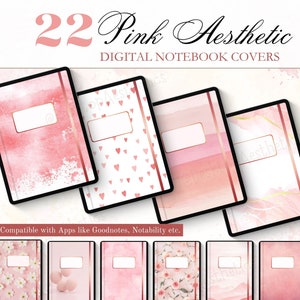 May include: 22 digital notebook covers in pink aesthetic designs. The covers feature various patterns including hearts, watercolor, marble, flowers, and solid colors. Compatible with apps like Goodnotes, Notability, and more.