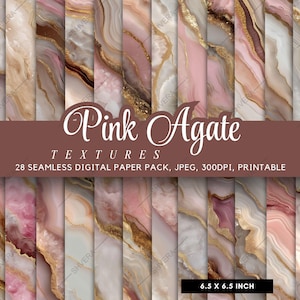 May include: A collection of 28 seamless digital paper textures with a pink agate design. The papers feature shades of pink, white, and gold, with a size of 6.5 x 6.5 inches. The text on the image reads "Pink Agate TEXTURES".