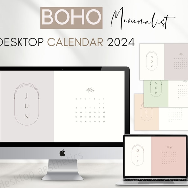 Chic Boho Minimalist Calendar 2024 for Mac and Windows | Digital Download | Free Customization | Desktop Aesthetic Wallpaper Calendars