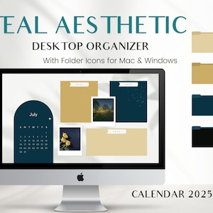 Teal & Yellow Desktop Organizer with 2025 Calendar, 68 Aesthetic Teal Folder Icons, Mac Desktop, Windows, PC Icons, Desktop Customization