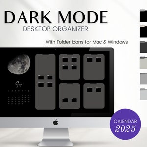DARK MODE 2025 Desktop Organizer mit Kalender | 6 Ordner Icons Mac, Windows, Minimalist Wallpaper | Dunkles Thema Wallpaper | Digitaler Download