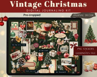 Op de afbeelding: Een digitale journaling kit met een vintage kerstthema. De afbeelding toont voorgesneden digitale elementen, waaronder kerstbomen, ornamenten en tekst met de tekst "Vintage Christmas" en "PNG Stickers + Goodnotes File."
