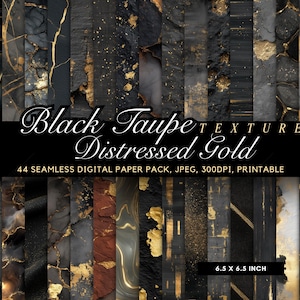 44 Seamless Black Taupe and Distressed Gold Digital Paper Pack, Dark Grey Charcoal Backgrounds, Luxury Grey Marble Texture, 300 DPI