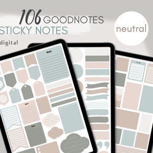 Puede incluir: Tres blocs de notas digitales con 106 notas adhesivas Goodnotes en colores neutros. Las notas son de varias formas y tamaños, incluyendo círculos, cuadrados, rectángulos y pancartas. Las notas son en tonos beige, azul claro y gris.