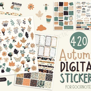 Könnte beinhalten: Ein Set mit 420 digitalen Stickern für die Goodnotes-App mit herbstlichen Illustrationen. Die Sticker beinhalten Blätter, Blumen, Schmetterlinge, Pilze und andere Herbstelemente in Braun-, Orange-, Grün- und Schwarztönen. Der Text "420 Herbst-Digital-Sticker für Goodnotes" ist ebenfalls enthalten.