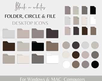 36 Black n White Desktop Folder Icons for MAC and WINDOWS, Circle, Folder, File Icons, Minimalist Desktop Aesthetic, Digital Download for PC