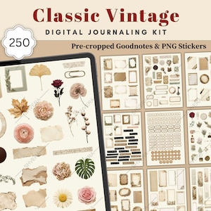 Può includere: Un kit di journaling digitale con un tema vintage classico. L'immagine mostra un tablet che mostra vari adesivi digitali, cornici ed elementi floreali. Il kit include adesivi Goodnotes e PNG pre-ritagliati. Il numero "250" è visibile in un cerchio bianco con bordo smerlato.