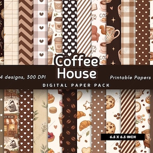 Puede incluir: Un paquete de papel digital titulado Coffee House que presenta 24 diseños con motivos de café, incluyendo tazas, granos, pasteles y estampados geométricos en tonos marrón, crema y blanco. El set incluye hojas imprimibles de 16,51 x 16,51 cm.