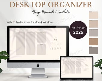Neutraler Desktop-Organizer für Mac, Windows PC | Minimalist Beige Wallpapers, 70 Desktop Ordner Icons, Desktop Organizer