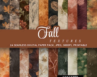 Könnte beinhalten: Eine Sammlung von 24 nahtlosen digitalen Papiertapeten mit Herbstthema. Die Papiere zeigen verschiedene Designs, darunter Blätter und florale Muster in Braun-, Orange- und Grüntönen. Jedes Papier misst 16,5 x 16,5 cm.