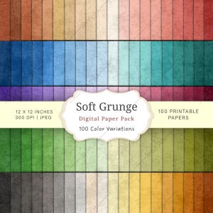 May include: A digital paper pack featuring 100 colour variations of soft grunge textures. The image displays a grid of vertical strips in a spectrum of colours, with a central label reading Soft Grunge Digital Paper Pack 12 x 12 inches 300 DPI JPEG.