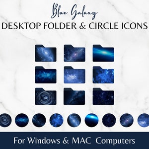 May include: Blue Galaxy Desktop Folder & Circle Icons for Windows & MAC Computers. A set of 12 folder icons and 10 circle icons featuring different blue galaxy designs.