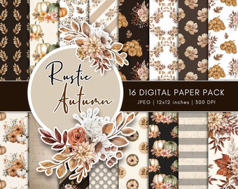 May include: A collection of 16 digital paper designs with a rustic autumn theme. The patterns include pumpkins, floral arrangements, and fall leaves in shades of brown, beige, and orange. The text "Rustic Autumn" is displayed in a circular design.
