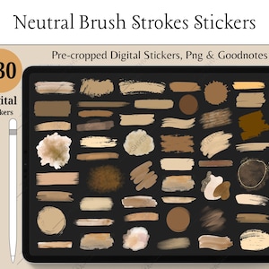 Puede incluir: Una pantalla digital de 130 pegatinas de trazos de pincel de tonos neutros. Las pegatinas son de varias formas y tonos de marrón, beige y canela. El texto "Neutral Brush Strokes Stickers" y "Pre-cropped Digital Stickers, Png & Goodnotes" es visible.