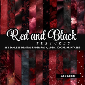 Puede incluir: Colección de 48 texturas de papel digital sin costuras en rojo y negro. Los diseños incluyen patrones florales, efectos veteados y formaciones abstractas en forma de nube. El paquete mide 16.5 x 16.5 cm y es imprimible.