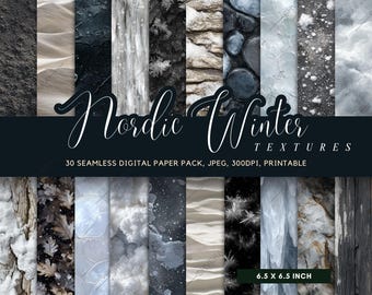 30 Seamless Nordic Winter Texture Bundle, Printable Gray Stone and Snow Textures, Digital Backgrounds, Frozen Ice and Sand wrapping Kit
