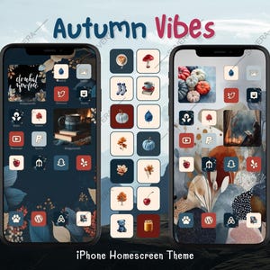 May include: Two iPhones displaying an autumn-themed homescreen with app icons and widgets. The theme features a dark blue background with fall foliage, pumpkins, and the text "Autumn Vibes" and "iPhone Homescreen Theme".