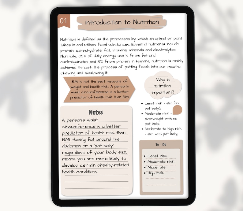 Pode incluir: Uma p&aacute;gina de caderno digital com notas escritas &agrave; m&atilde;o sobre nutri&ccedil;&atilde;o. A p&aacute;gina inclui informa&ccedil;&otilde;es sobre a import&acirc;ncia da nutri&ccedil;&atilde;o, a diferen&ccedil;a entre o IMC e a circunfer&ecirc;ncia da cintura como indicadores de risco para a sa&uacute;de, e uma lista de tarefas pendentes com diferentes n&iacute;veis de risco.