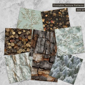 Seamless printable Frosty Evergreen Forest, Wood & Stone Backgrounds pack