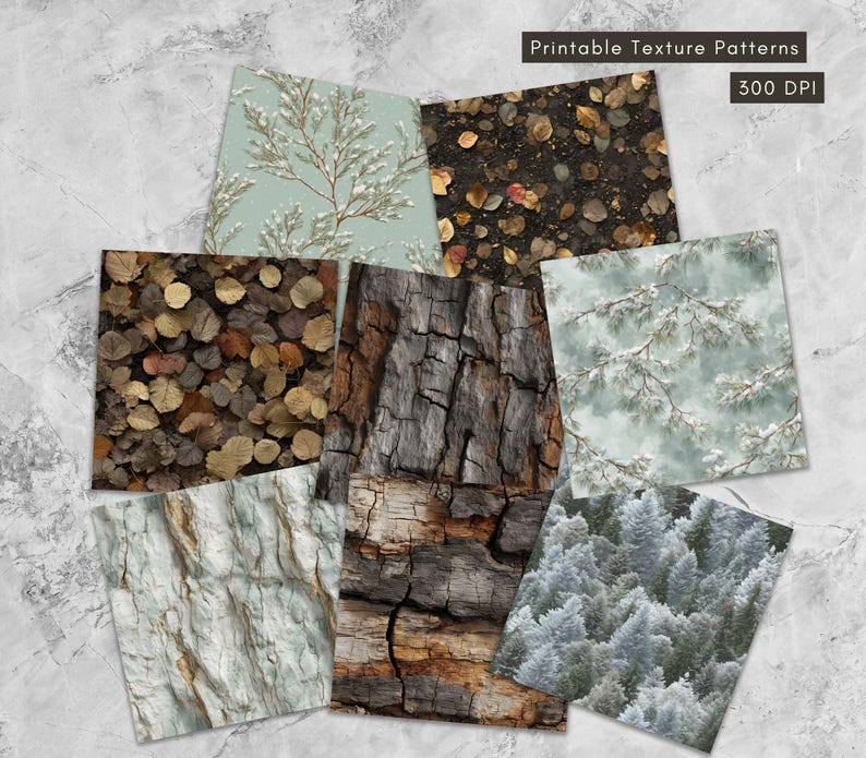 Seamless printable Frosty Evergreen Forest, Wood & Stone Backgrounds pack
