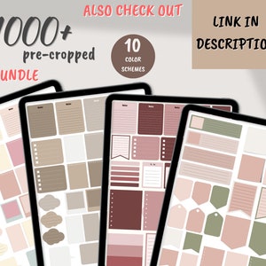 May include: Three digital tablet screens displaying a collection of 1000+ pre-cropped digital planner stickers in various shapes and sizes. The stickers are in shades of brown, pink, and green. The text "1000+ pre-cropped bundle" and "10 color schemes" is visible on the image.