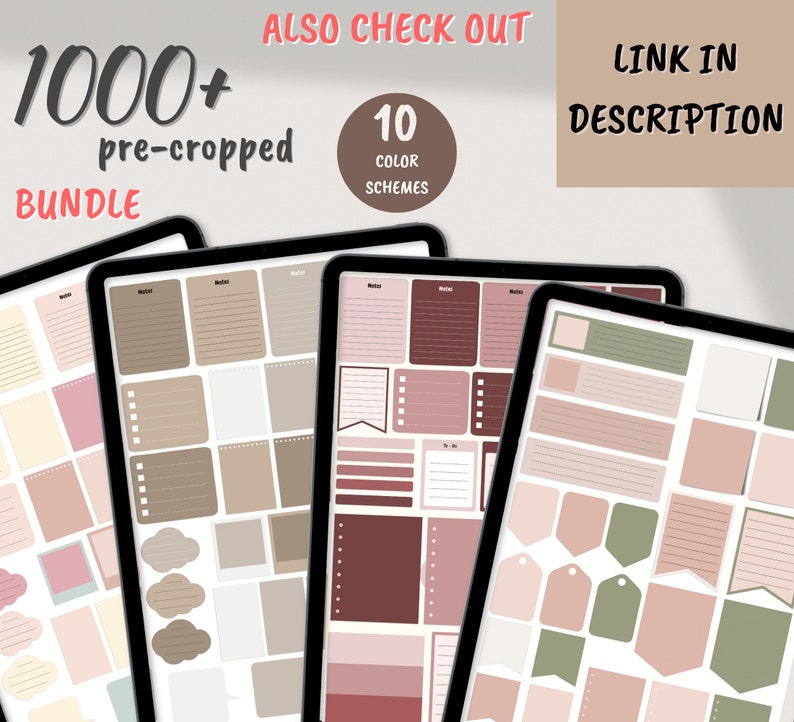 May include: Three digital tablet screens displaying a collection of 1000+ pre-cropped digital planner stickers in various shapes and sizes. The stickers are in shades of brown, pink, and green. The text "1000+ pre-cropped bundle" and "10 color schemes" is visible on the image.