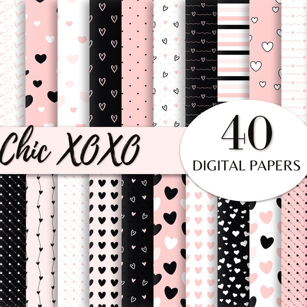 32 Chic Digital Paper Pack | Pink, White, Black Scrapbook Paper | Cute Digital Paper | Chic Digital Paper Download | Printable Digital Paper