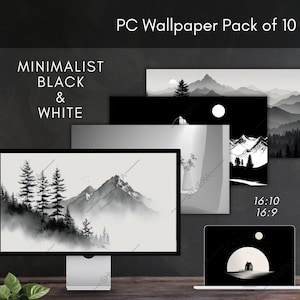 Puede incluir: Una colección de 10 fondos de pantalla minimalistas en blanco y negro para PC. La imagen muestra un monitor de ordenador y un portátil que muestran diseños de paisajes, incluyendo montañas, árboles y una luna. El texto dice "PC Wallpaper Pack of 10" y "Minimalist Black & White."