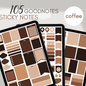 May include: Digital sticky notes in shades of brown, beige, and coffee, displayed on three tablets. The text reads "105 Goodnotes Sticky Notes" and "coffee". The notes include various shapes and designs, such as squares, rectangles, and cloud shapes.