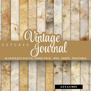 May include: A collection of 28 seamless digital paper textures in various shades of beige, brown, and cream. The image features a variety of aged paper designs with floral and crackle details. The text "Vintage Journal" is displayed across the center, with the dimensions of 6.5 x 6.5 inches.