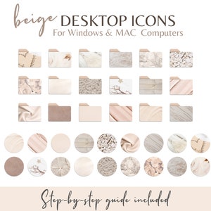 Pode incluir: Ícones de área de trabalho bege para computadores Windows e Mac. Os ícones apresentam uma variedade de texturas e padrões, incluindo madeira, tecido e pedra. Um guia passo a passo está incluído.
