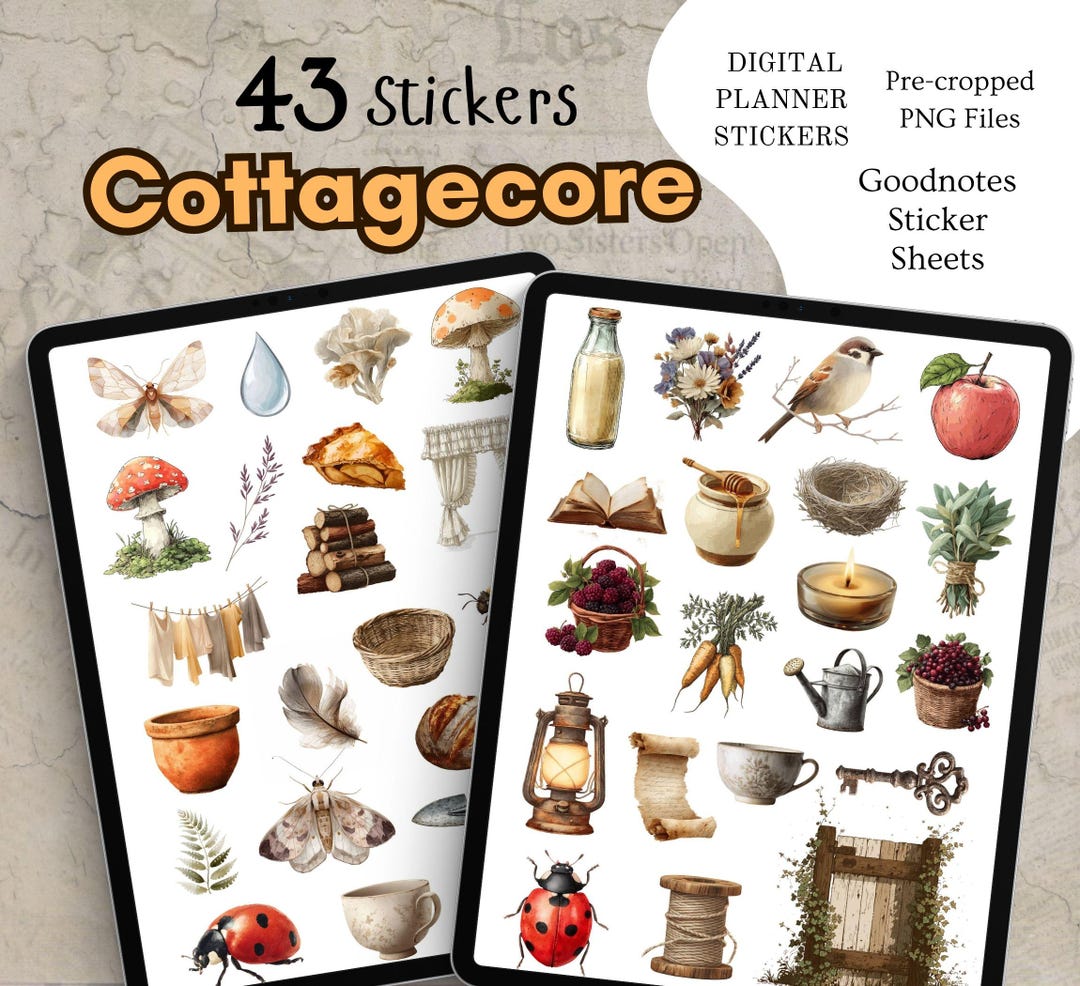 43 Cottagecore Digital Planner Stickers, Pre-cropped Goodnotes Stickers ...