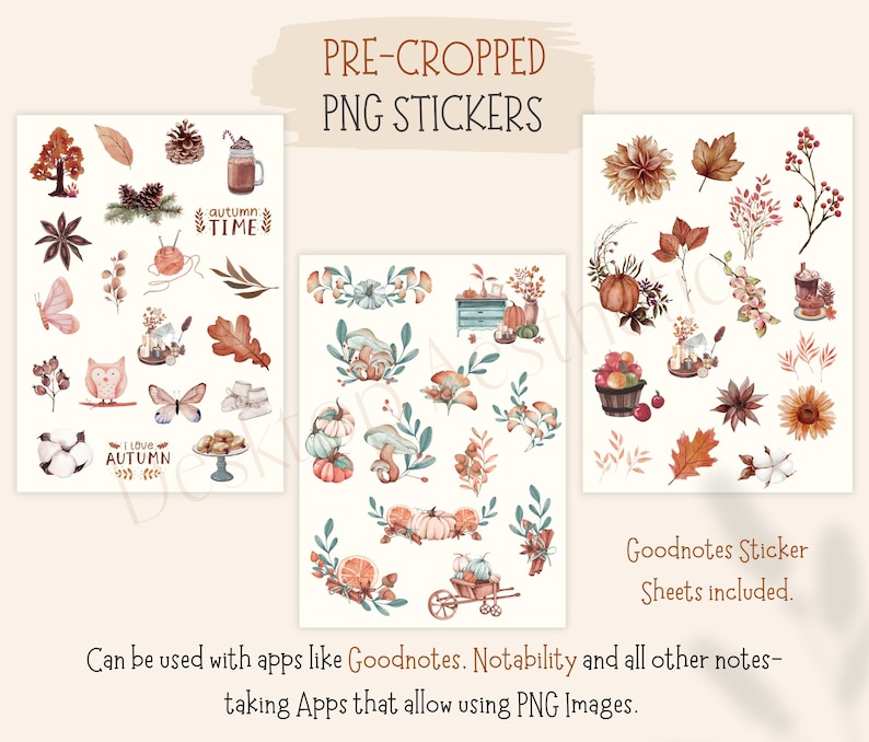 Puede incluir: Un conjunto de tres hojas de pegatinas digitales con ilustraciones de tem&aacute;tica oto&ntilde;al. Las pegatinas incluyen im&aacute;genes de calabazas, setas, hojas, b&uacute;hos, mariposas y mucho m&aacute;s. Los textos "autumn time" y "I love autumn" est&aacute;n incluidos en las pegatinas. Las pegatinas est&aacute;n precortadas y listas para ser usadas en aplicaciones de toma de notas digitales.