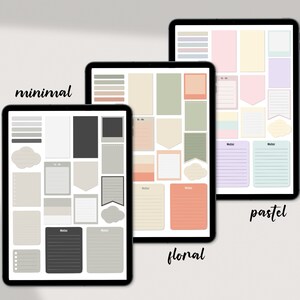 Pode incluir: Tr&ecirc;s modelos de planejador digital com temas diferentes: minimalista, floral e pastel. Cada modelo apresenta uma variedade de formas e tamanhos de blocos de notas, listas de tarefas e outras ferramentas de organiza&ccedil;&atilde;o.