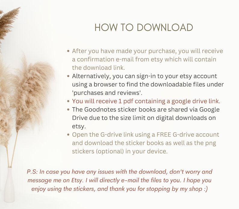 May include: Text-based instructions on how to download digital sticker books purchased from Etsy. The instructions explain how to access the files via email, Etsy account, and Google Drive.
