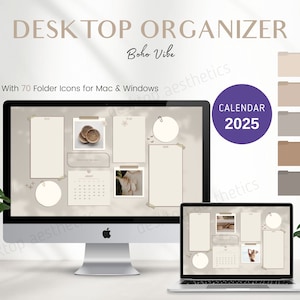 Minimalist 2025 Calendar Boho Vibe Desktop Organizer | Boho Aesthetic Wallpaper | 150 Desktop Folder Icons for Mac, Windows | Neutral Icons