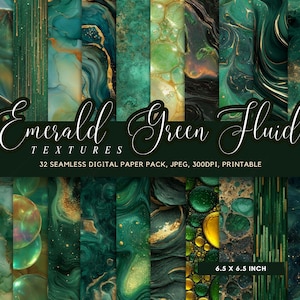 May include: A collection of 32 seamless digital paper textures in shades of emerald green with fluid and marbled designs. The image includes the text "Emerald Green Fluid Textures" and "6.5 x 6.5 inch". The pack is in JPEG format, 300DPI, and printable.