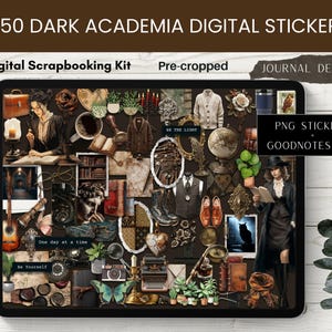 May include: A digital scrapbooking kit with a dark academia theme. The image features a collection of stickers, including vintage illustrations, a typewriter, a butterfly, and text that reads "350 Dark Academia Digital Stickers", "Digital Scrapbooking Kit", and "Journal Decor".