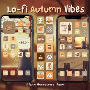 Pode incluir: Uma ilustração digital de uma tela inicial de iPhone com um tema de outono lo-fi. O fundo é uma imagem desfocada de uma cena de floresta com cores outonais. Os ícones estão em um padrão de grade e apresentam várias imagens com tema outonal, como abóboras, folhas, xícaras de café e um gato. O texto "Happy fall ya'll" é exibido em um dos ícones.